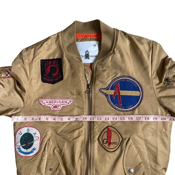 Uncle Ralph Mens Medium Bomber Jacket With Embroidered Patches Beige & Orange - Picture 4 of 11